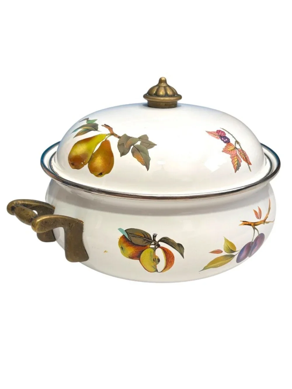 Vintage Enamel Fruit Motif Casserole Dish With Lid & Brass Handles
